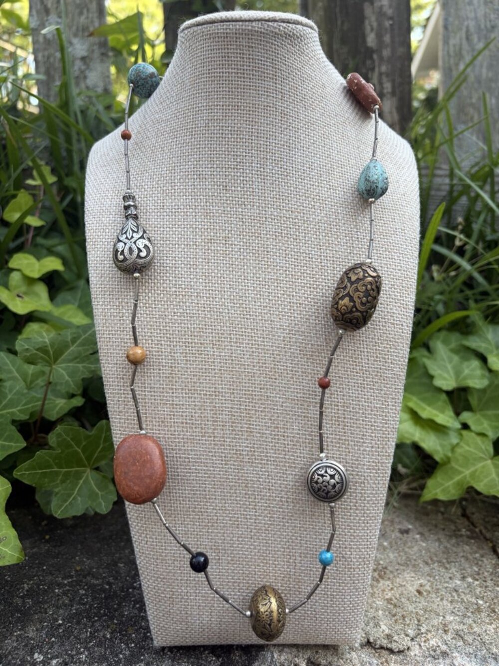 Boho Mixed Media Beaded Necklace Earthy Stone Metal Statement Long 21" Vintage